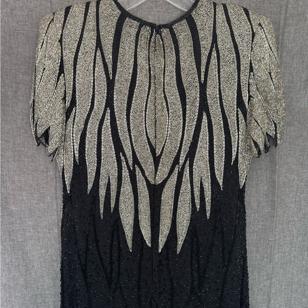 Vintage SCALA Silk Beaded Formal Evening Maxi Dress Petite Small Silver Black - Picture 6 of 13